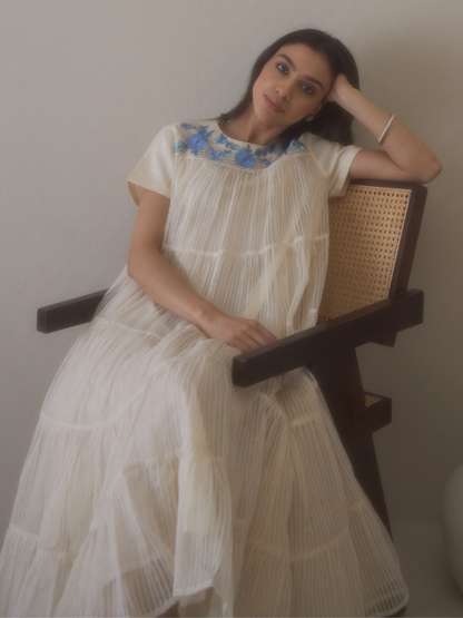 White Beautiful Dress with Embroidered Neck by RoohbyRidhimaa with Avani by RoohbyRidhimaa, Casual Wear, Handloom Silk Organza, Relaxed Fit, Resham Embroidered, Silk Organza, Toxin free, White at Kamakhyaa for sustainable fashion