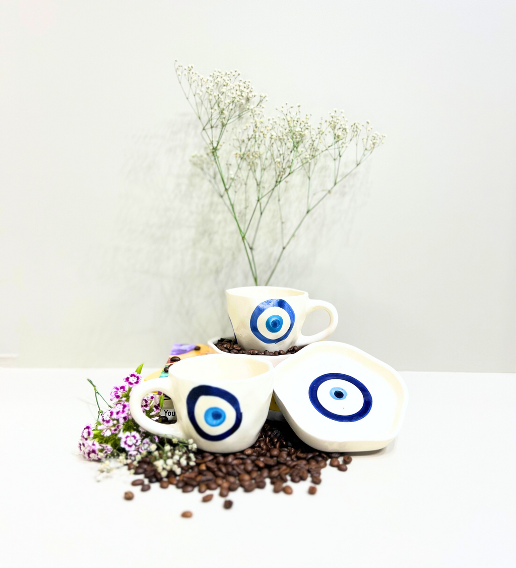 Midnight Nazar – Evil Eye Ceramic Mug & Plate Set by Aetherea World with at Kamakhyaa for sustainable fashion