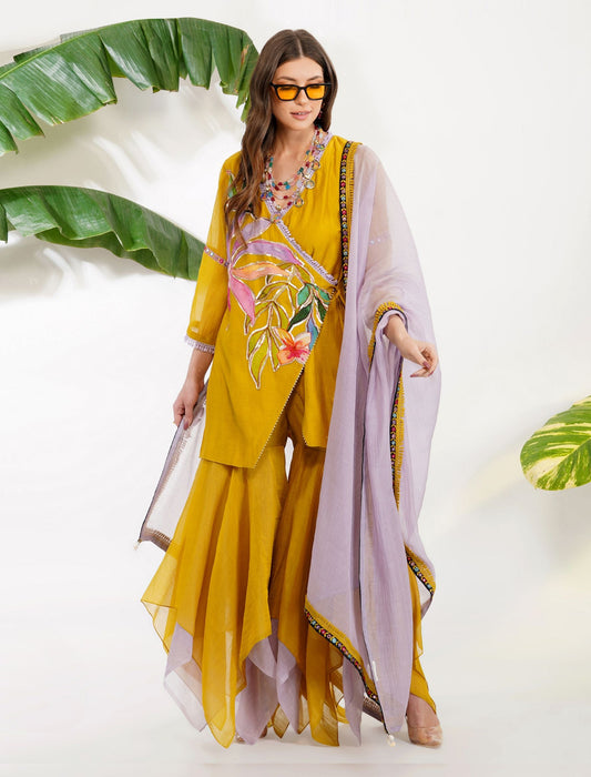 TROPICAL FLOWER APPLIQUE GARARA SET by devyanimehrotra.com with at Kamakhyaa for sustainable fashion