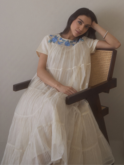 White Beautiful Dress with Embroidered Neck by RoohbyRidhimaa with Avani by RoohbyRidhimaa, Casual Wear, Handloom Silk Organza, Relaxed Fit, Resham Embroidered, Silk Organza, Toxin free, White at Kamakhyaa for sustainable fashion