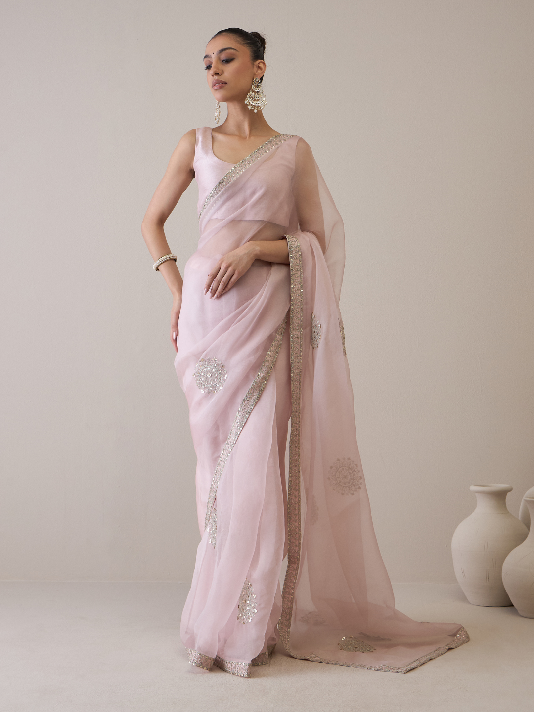 Organza Silk Floral Motifs Saree Set by RoohbyRidhimaa with Avani by RoohbyRidhimaa, Dori Embroidery, Free Size, Party Wear, Pink, Saree Sets, Sequin Embroidered, Silk Organza, Toxin free, Viscose Raw Silk at Kamakhyaa for sustainable fashion