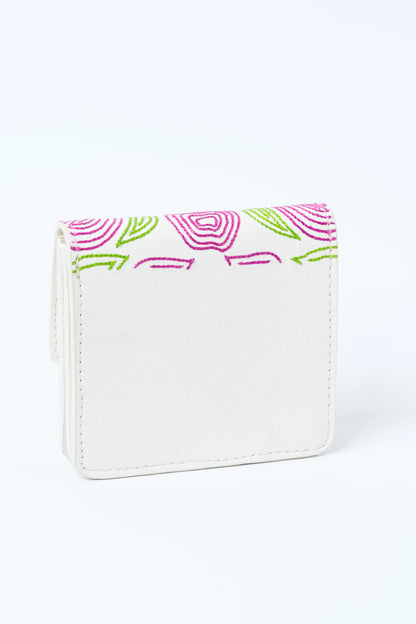 White Embroidered Cardholder by Green Hermitage with Cactus Leather, Cardholders, Embroidered, Evening Wear, Free Size, Hemp, Lyocell, Recycled, White at Kamakhyaa for sustainable fashion