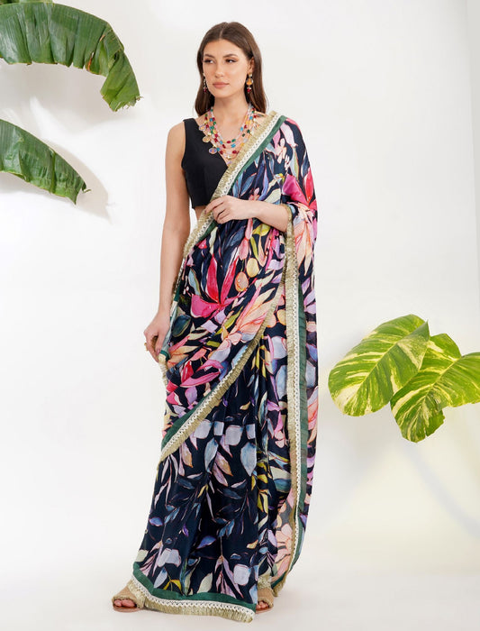 TROPICAL FLOWER PRINTED SAREE SET by devyanimehrotra.com with at Kamakhyaa for sustainable fashion