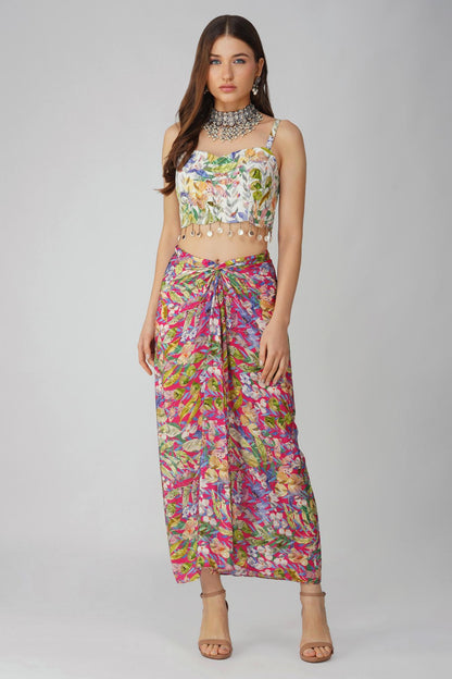 MULTI LEAF PRINT DRAPE SKIRT SET by devyanimehrotra.com with at Kamakhyaa for sustainable fashion