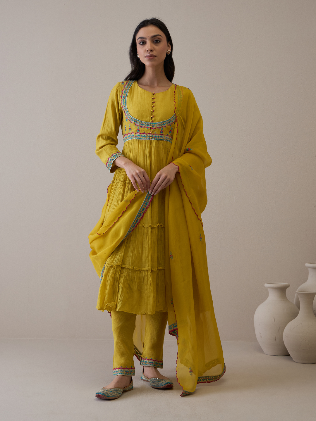 Mustard Pure Silk Chanderi Kurta Set with dupatta by RoohbyRidhimaa with Avani by RoohbyRidhimaa, Chanderi Silk, Festive Wear, Handloom Silk, Kurta Set with Dupattas, Pure Silk Chanderi, Regular Fit, Resham Embroidered, Silk Chanderi, Toxin free, Yellow at Kamakhyaa for sustainable fashion