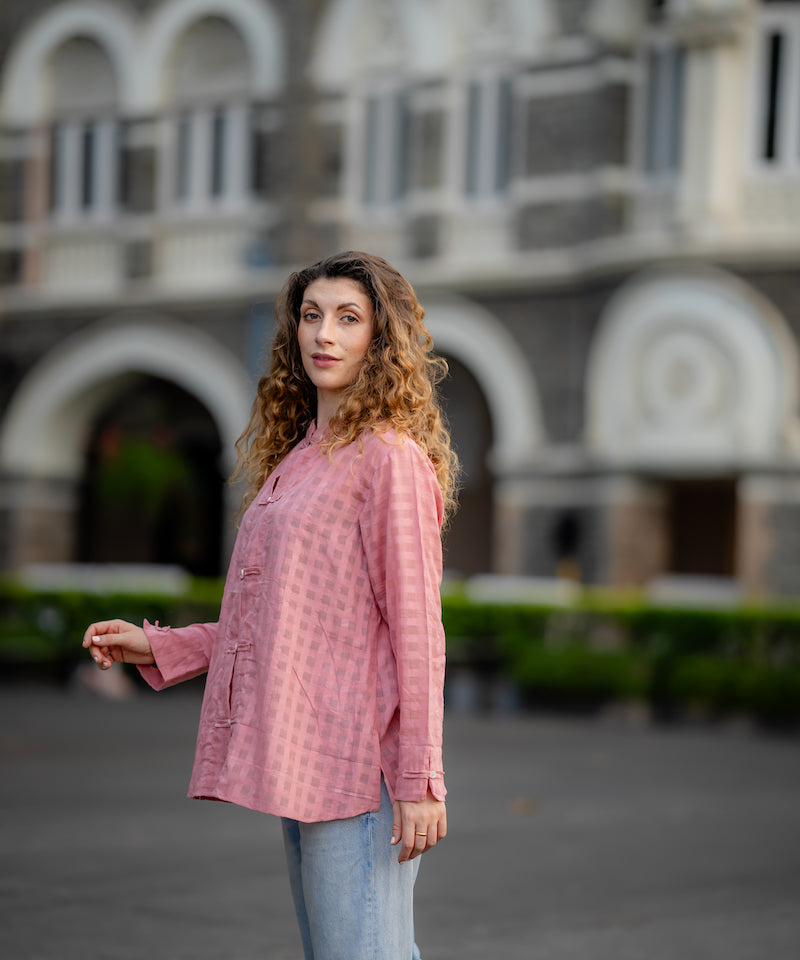 Pink Textured Handwoven Shirt by Krushnachuda with Chilika by Krushnachuda, Handloom Cotton, Loose Fit, Natural Dye, Organic, Outerwear, Pink, Self Design, Womenswear at Kamakhyaa for sustainable fashion