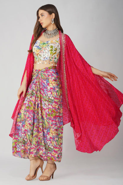 MULTI LEAF PRINT DRAPE SKIRT SET by devyanimehrotra.com with at Kamakhyaa for sustainable fashion