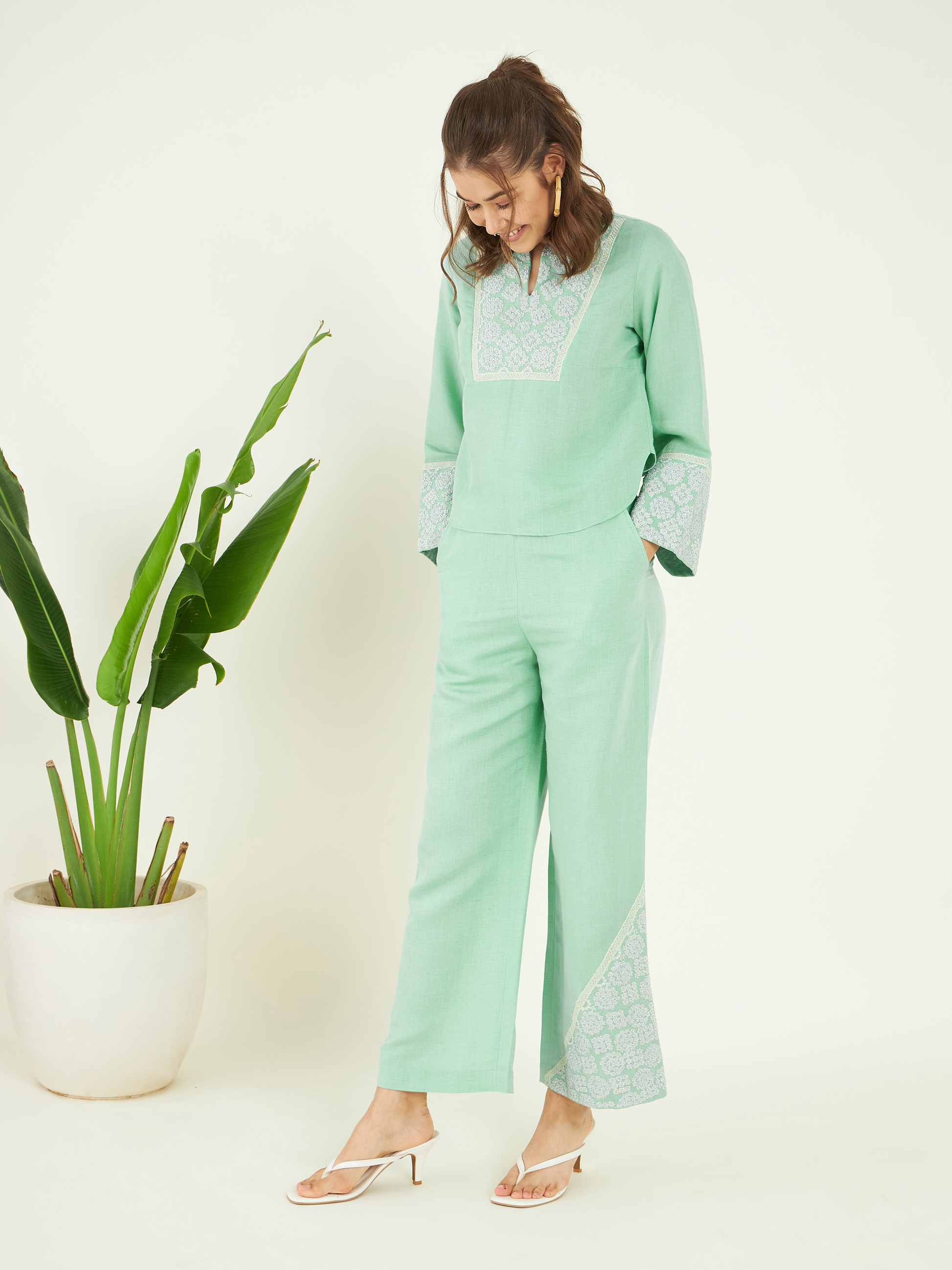 Sage Green Co-ord Set by Bohobi with at Kamakhyaa for sustainable fashion