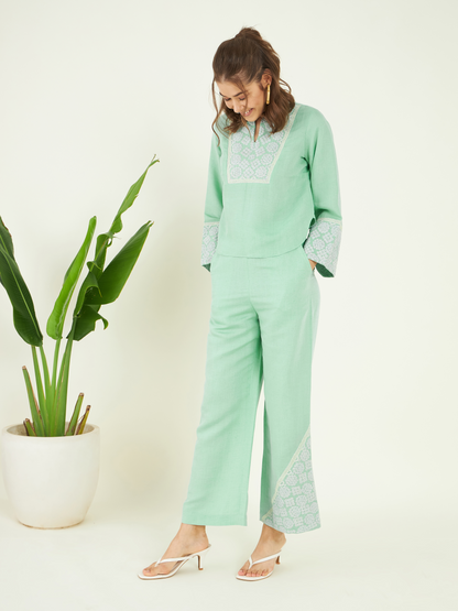 Sage Green Co-ord Set by Bohobi with at Kamakhyaa for sustainable fashion