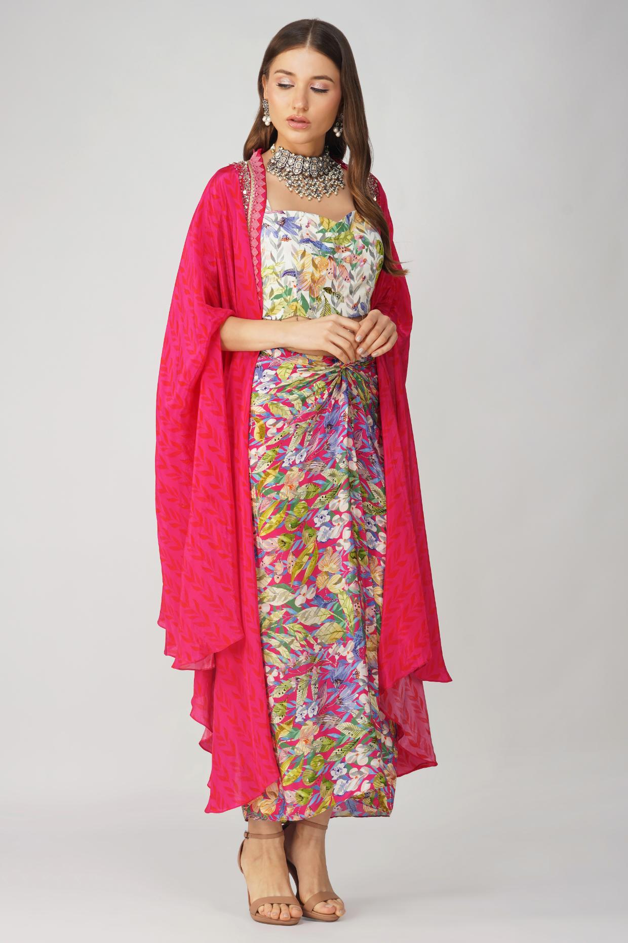 MULTI LEAF PRINT DRAPE SKIRT SET by devyanimehrotra.com with at Kamakhyaa for sustainable fashion