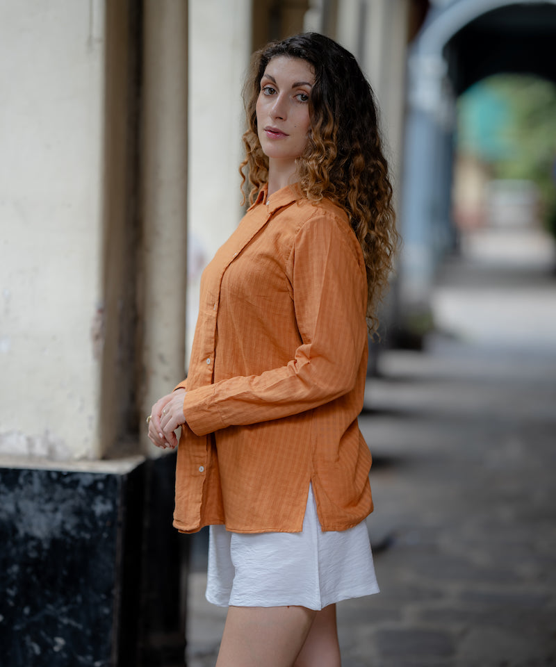 Rust Wrap Handwoven Shirt by Krushnachuda with Chilika by Krushnachuda, Handloom Cotton, Loose Fit, Natural Dye, Organic, Outerwear, Rustic Orange, Solids, Womenswear at Kamakhyaa for sustainable fashion