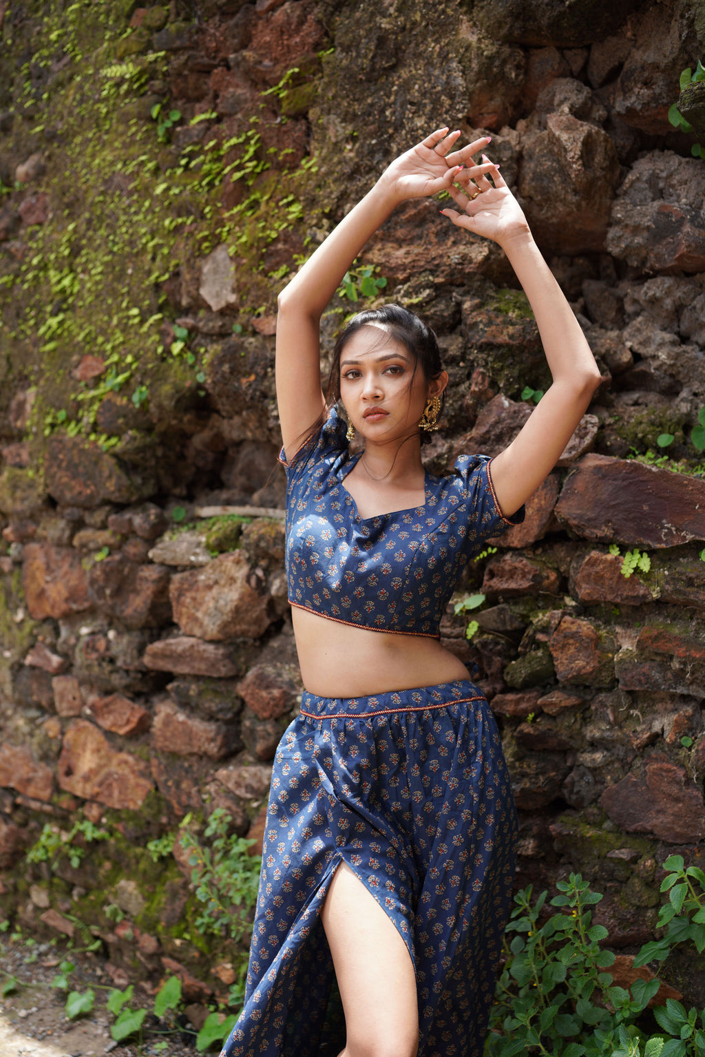 Blue Butta Printed Lehenga with Red Dupatta by Hasttvam with Blue, Console Collection List, Cotton, Festive Wear, Floral, Handmade by Artisans, Indian Wear by Hasttavam, Natural Dye, Navratri, Navratri Teens, Pinterest Page Visits Vanshika, Pinterest Top Pins Vanshika, Pinterest Top Saves Vanshika, Rang by Hasttvam, Relaxed Fit, Responsible production and Vegan at in.kamakhyaa.com for sustainable fashion