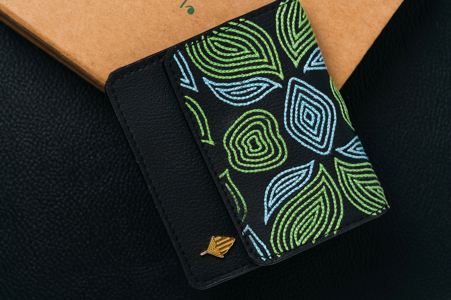 Black Embroidered Cardholder by Green Hermitage with Black, Cactus Leather, Cardholders, Embroidered, Evening Wear, Free Size, Hemp, Lyocell, Recycled at Kamakhyaa for sustainable fashion