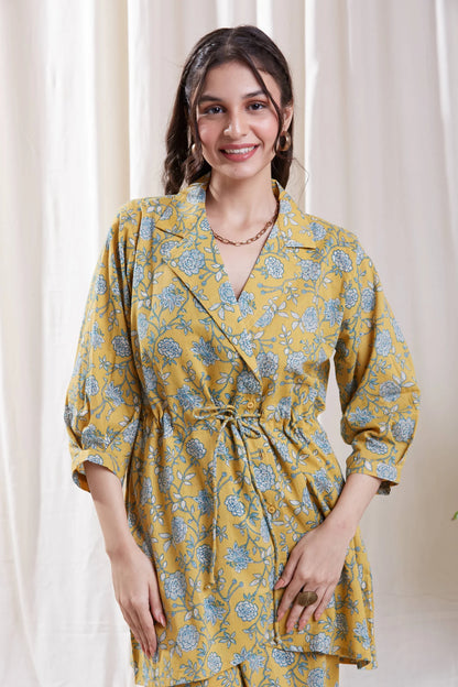 Aria Yellow Co-Ord Set by Hasttvam with CottonFloralFusionYellowHandmade by artisans, Natural dyes, Respondible production and Vegan at Kamakhyaa for sustainable fashion