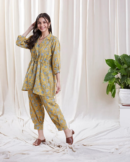 Aria Yellow Co-Ord Set by Hasttvam with CottonFloralFusionYellowHandmade by artisans, Natural dyes, Respondible production and Vegan at Kamakhyaa for sustainable fashion