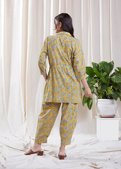 Aria Yellow Co-Ord Set by Hasttvam with CottonFloralFusionYellowHandmade by artisans, Natural dyes, Respondible production and Vegan at Kamakhyaa for sustainable fashion