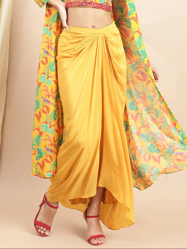 Certified Bemberg Crepe Yellow Drape Skirt by Ewoke with Bemberg, Bemberg crepe, Best Selling, Crepe, Festive 23, Festive Wear, Festive Wear by Ewoke.Studio, Natural with azo free dyes, Skirts, Slim Fit, Spring Wear by Ewoke, Western Wear By Ewoke, Westernwear by Ewoke, Womenswear, Yellow at Kamakhyaa for sustainable fashion