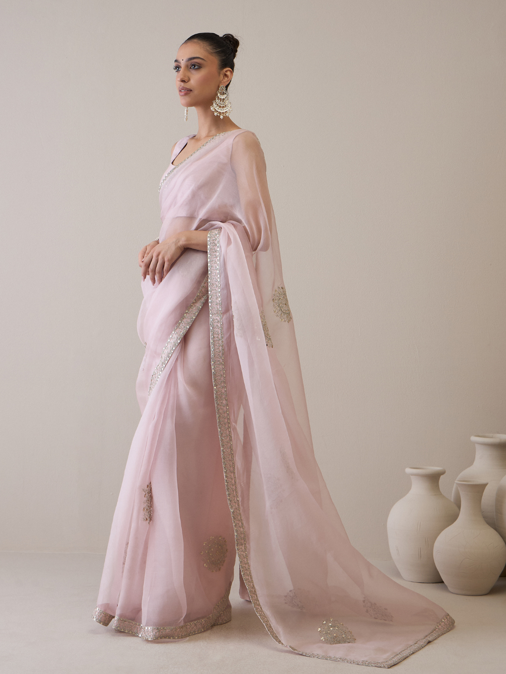 Organza Silk Floral Motifs Saree Set by RoohbyRidhimaa with Avani by RoohbyRidhimaa, Dori Embroidery, Free Size, Party Wear, Pink, Saree Sets, Sequin Embroidered, Silk Organza, Toxin free, Viscose Raw Silk at Kamakhyaa for sustainable fashion