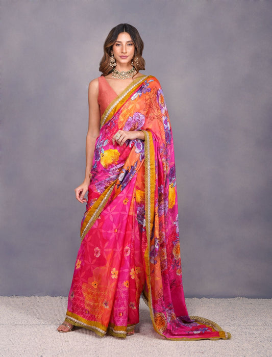 BIG FLOWER PRINT FUSCHIA SAREE by devyanimehrotra.com with at Kamakhyaa for sustainable fashion