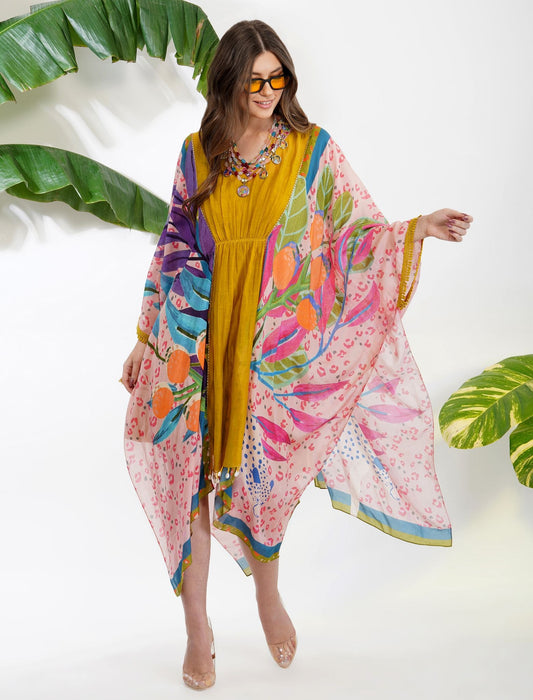 TROPICAL LEAF YELLOW KAFTAN by devyanimehrotra.com with at Kamakhyaa for sustainable fashion