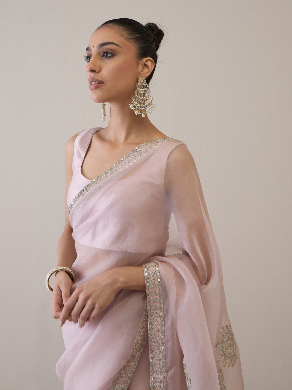 Organza Silk Floral Motifs Saree Set by RoohbyRidhimaa with Avani by RoohbyRidhimaa, Dori Embroidery, Free Size, Party Wear, Pink, Saree Sets, Sequin Embroidered, Silk Organza, Toxin free, Viscose Raw Silk at Kamakhyaa for sustainable fashion