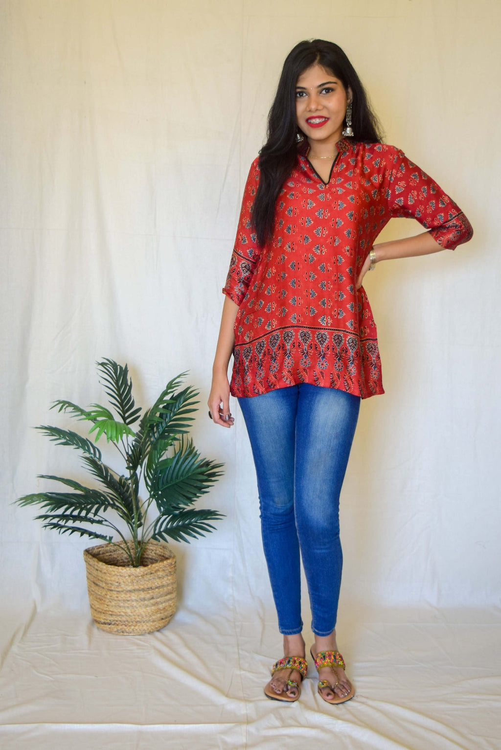 Red Ajrakh Modal Short Kurta by My Store with kurta, modal, red kurta at Kamakhyaa for sustainable fashion