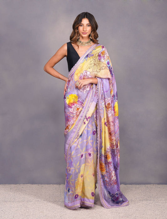 BIG FLOWER PRINT LAVENDER SAREE by devyanimehrotra.com with at Kamakhyaa for sustainable fashion