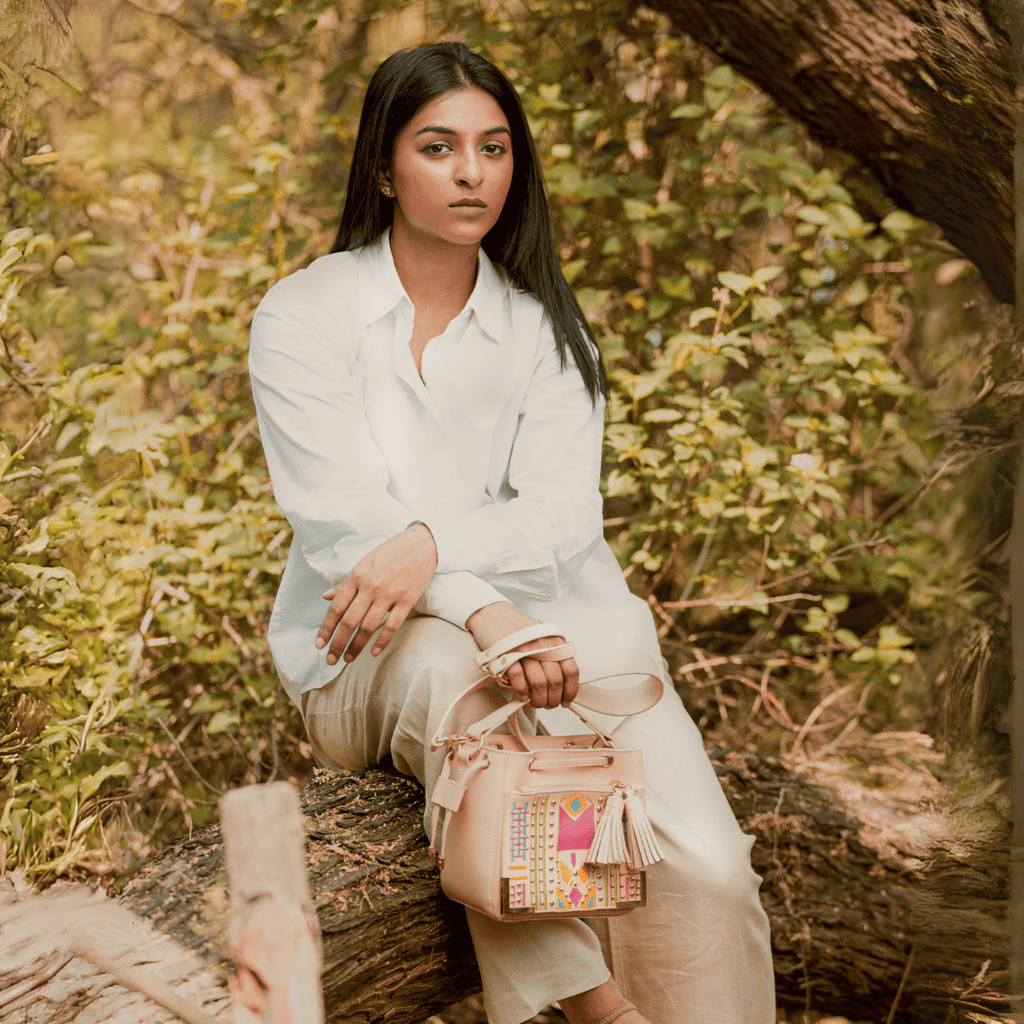 Nora Vegan Leather Embroidered Sling Bag - Almond by Green Hermitage with SS25 at Kamakhyaa for sustainable fashion