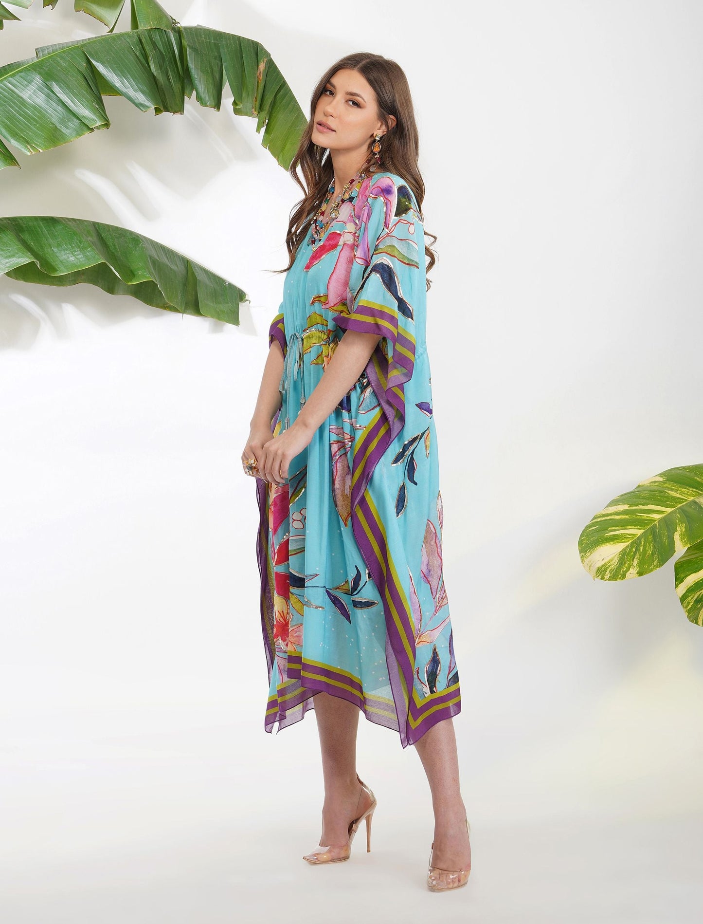 TROPICAL LEAF PRINT KAFTAN by devyanimehrotra.com with at Kamakhyaa for sustainable fashion