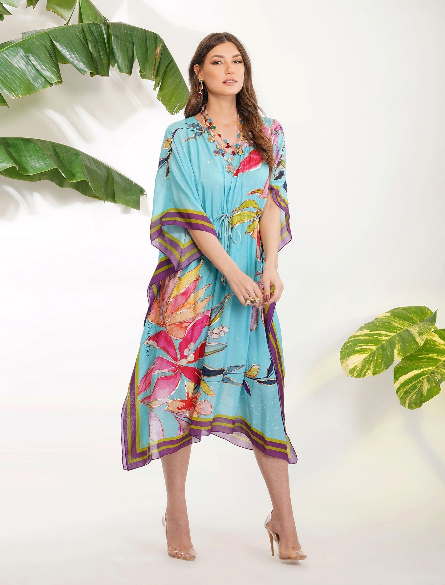 TROPICAL LEAF PRINT KAFTAN by devyanimehrotra.com with at Kamakhyaa for sustainable fashion