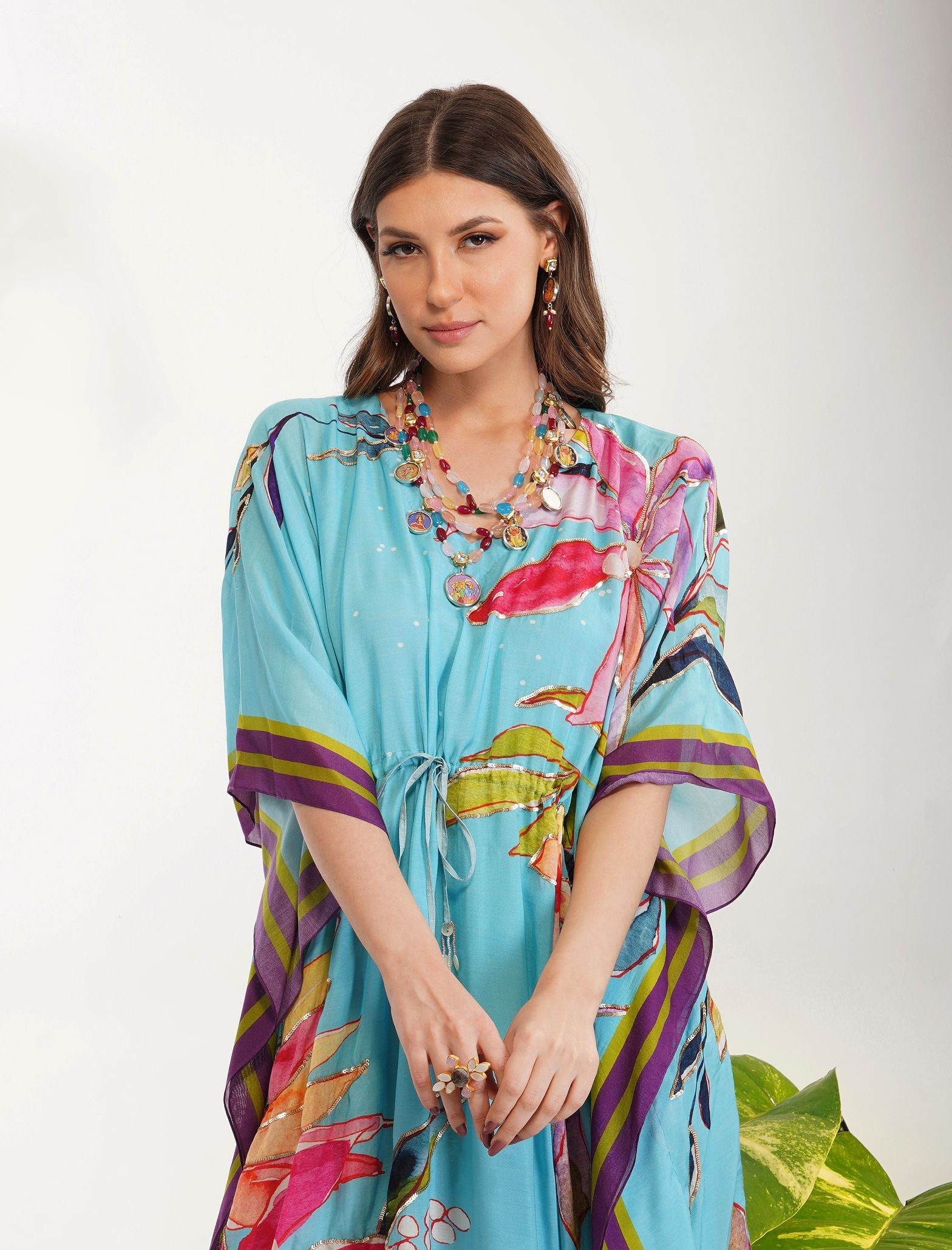 TROPICAL LEAF PRINT KAFTAN by devyanimehrotra.com with at Kamakhyaa for sustainable fashion