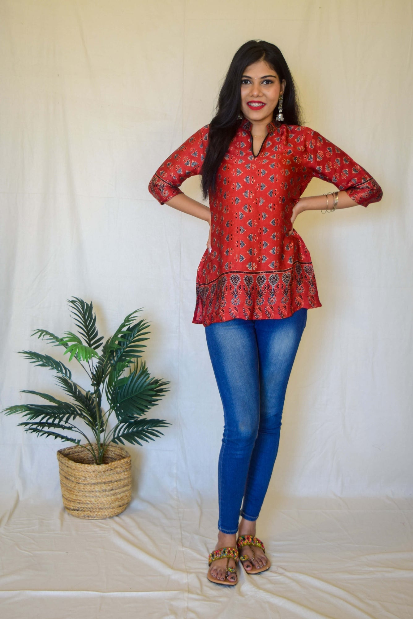 Red Ajrakh Modal Short Kurta by My Store with kurta, modal, red kurta at Kamakhyaa for sustainable fashion