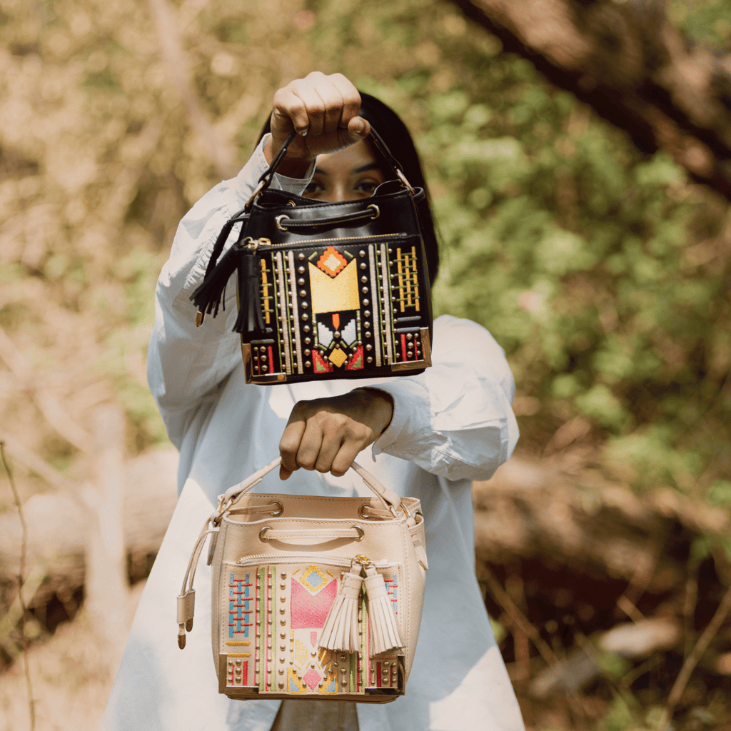 Nora Vegan Leather Embroidered Sling Bag - Black by Green Hermitage with SS25 at Kamakhyaa for sustainable fashion