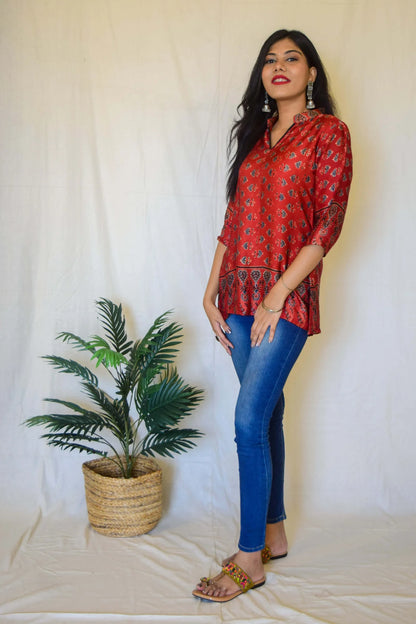 Red Modal Short Kurta by Hasttvam with ModalFloralCasual WearRedHandmade by artisans, Natural dyes, Relaxed Fit, Respondible production and Vegan at Kamakhyaa for sustainable fashion