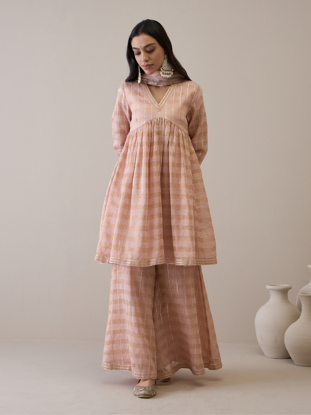 Peach Chanderi Silk Gota Embroidered Sharara Set by RoohbyRidhimaa with Avani by RoohbyRidhimaa, Chanderi Silk, Ethnic Wear, Gotta Embroidery, Pink, Relaxed Fit, Sequin Embroidered, Sharara Sets, Silk Chanderi, Silk Organza, Toxin free at Kamakhyaa for sustainable fashion