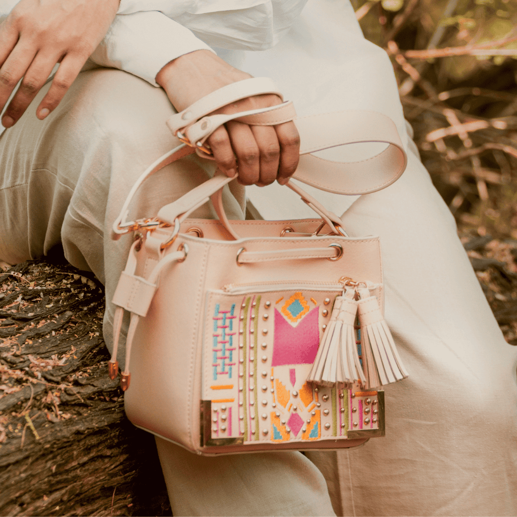 Nora Vegan Leather Embroidered Sling Bag - Almond by Green Hermitage with SS25 at Kamakhyaa for sustainable fashion