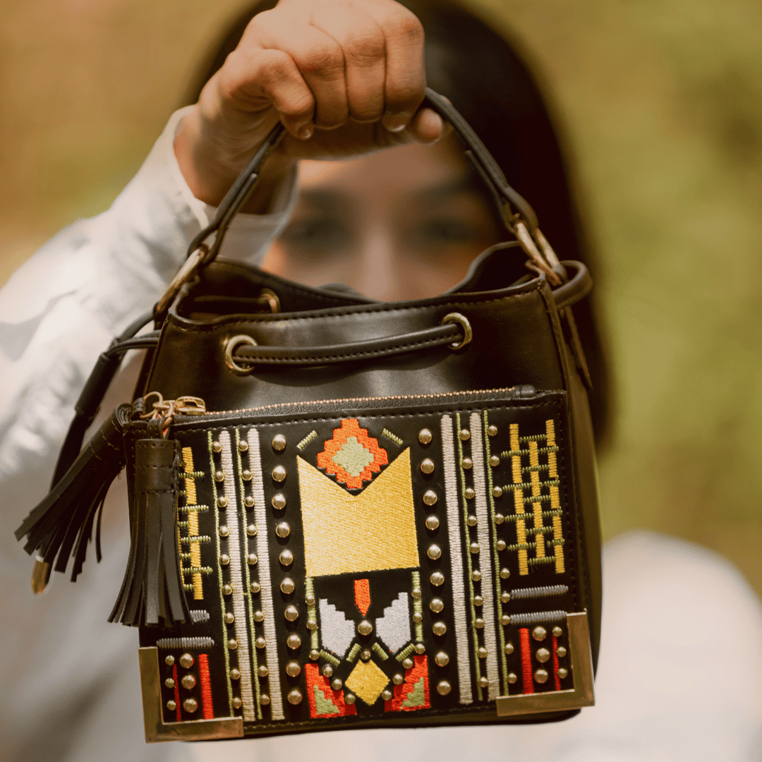 Nora Vegan Leather Embroidered Sling Bag - Black by Green Hermitage with SS25 at Kamakhyaa for sustainable fashion