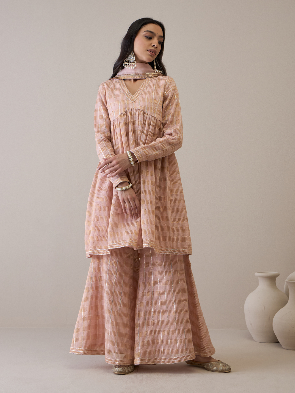 Peach Chanderi Silk Gota Embroidered Sharara Set by RoohbyRidhimaa with Avani by RoohbyRidhimaa, Chanderi Silk, Ethnic Wear, Gotta Embroidery, Pink, Relaxed Fit, Sequin Embroidered, Sharara Sets, Silk Chanderi, Silk Organza, Toxin free at Kamakhyaa for sustainable fashion