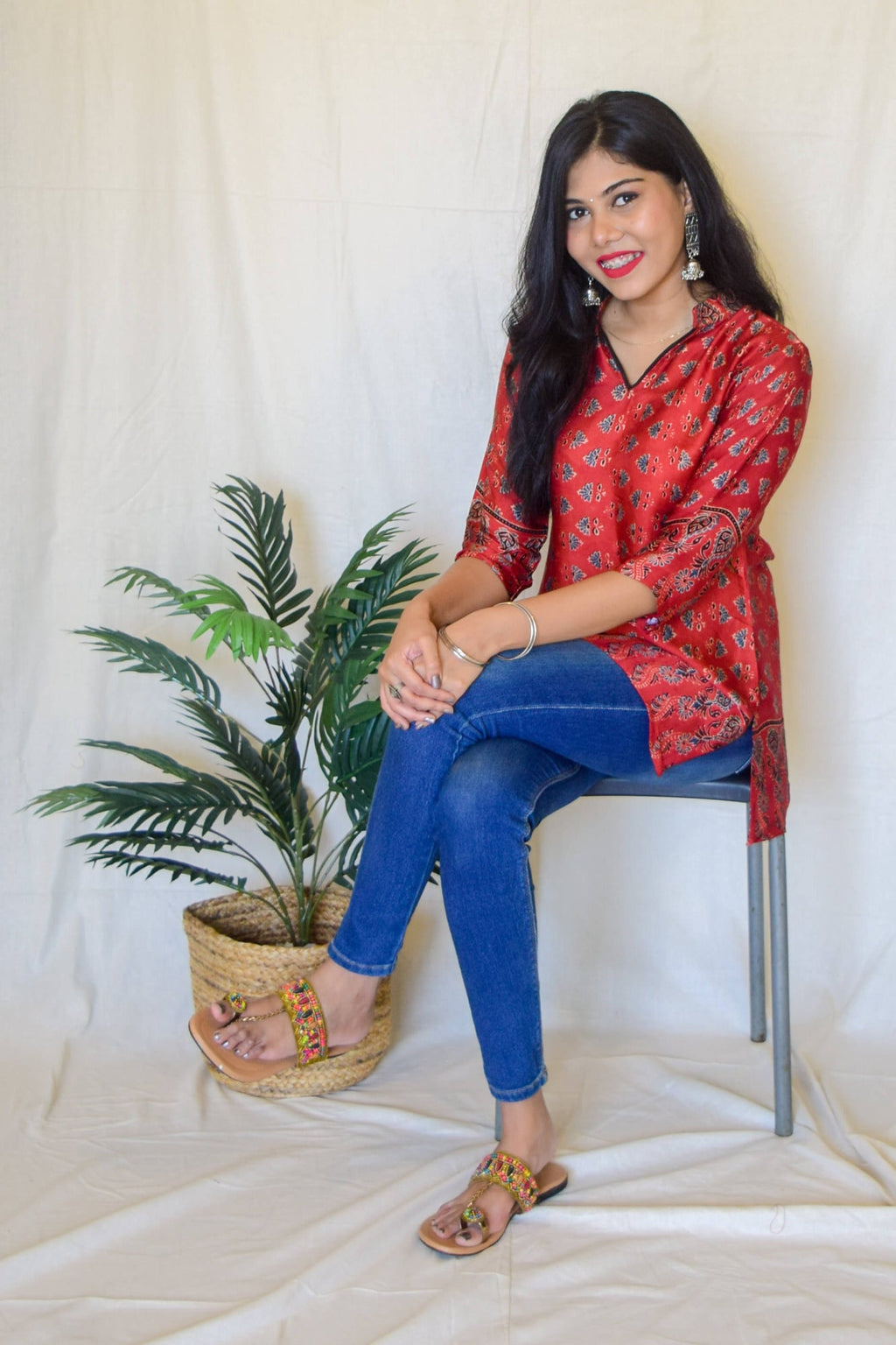 Red Ajrakh Modal Short Kurta by My Store with kurta, modal, red kurta at Kamakhyaa for sustainable fashion