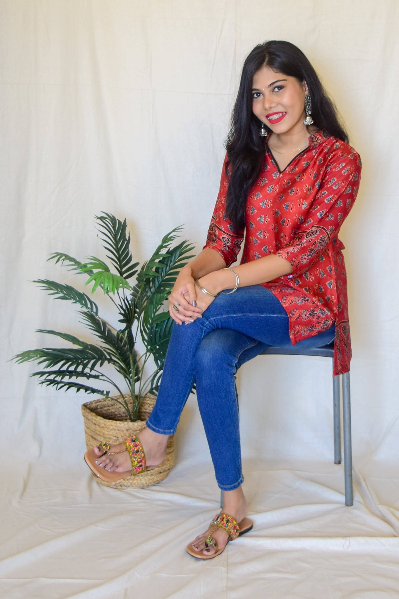 Red Ajrakh Modal Short Kurta by My Store with kurta, modal, red kurta at Kamakhyaa for sustainable fashion