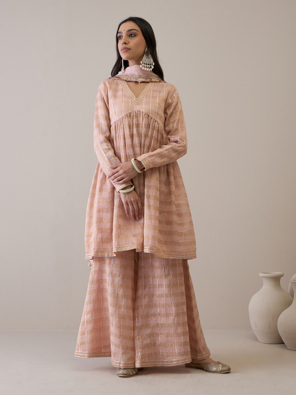 Peach Chanderi Silk Gota Embroidered Sharara Set by RoohbyRidhimaa with Avani by RoohbyRidhimaa, Chanderi Silk, Ethnic Wear, Gotta Embroidery, Pink, Relaxed Fit, Sequin Embroidered, Sharara Sets, Silk Chanderi, Silk Organza, Toxin free at Kamakhyaa for sustainable fashion