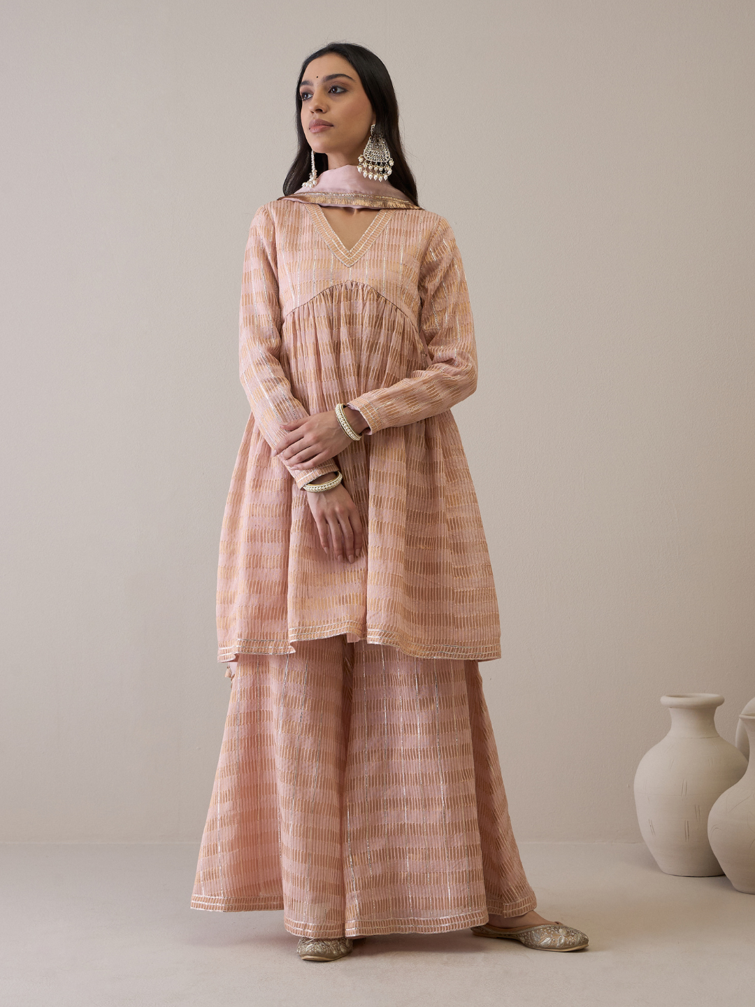 Peach Chanderi Silk Gota Embroidered Sharara Set by RoohbyRidhimaa with Avani by RoohbyRidhimaa, Chanderi Silk, Ethnic Wear, Gotta Embroidery, Pink, Relaxed Fit, Sequin Embroidered, Sharara Sets, Silk Chanderi, Silk Organza, Toxin free at Kamakhyaa for sustainable fashion