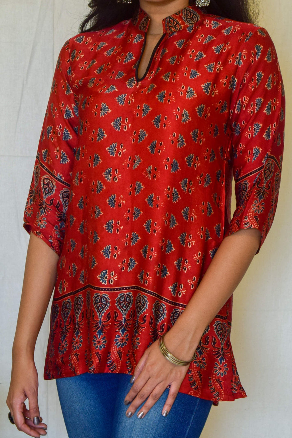Red Ajrakh Modal Short Kurta by My Store with kurta, modal, red kurta at Kamakhyaa for sustainable fashion