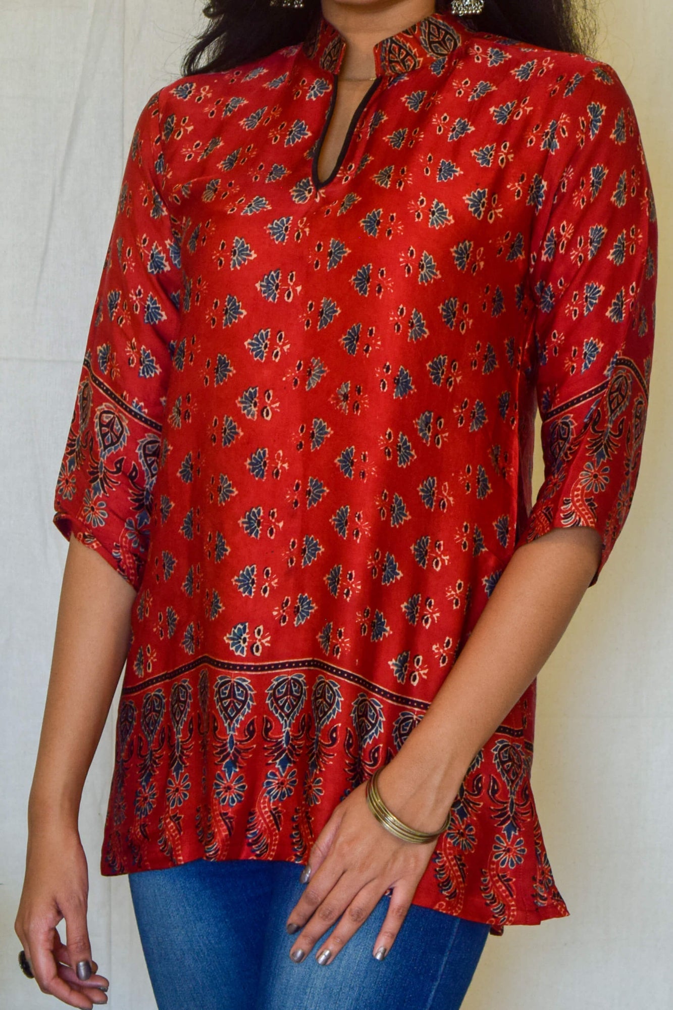 Red Ajrakh Modal Short Kurta by My Store with kurta, modal, red kurta at Kamakhyaa for sustainable fashion