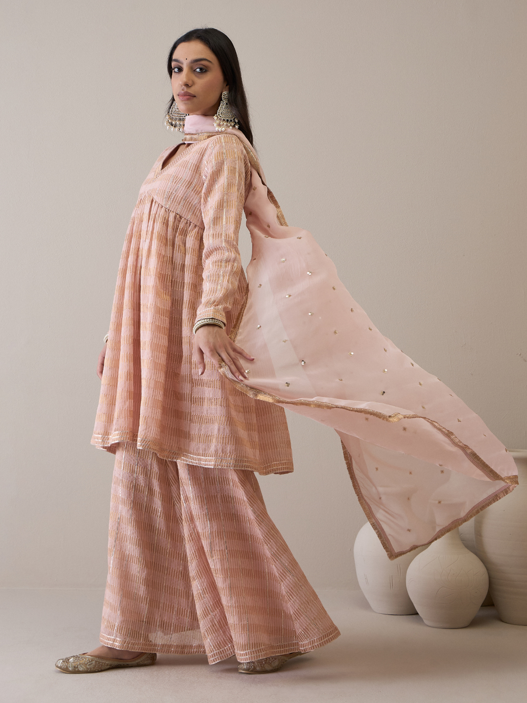 Peach Chanderi Silk Gota Embroidered Sharara Set by RoohbyRidhimaa with Avani by RoohbyRidhimaa, Chanderi Silk, Ethnic Wear, Gotta Embroidery, Pink, Relaxed Fit, Sequin Embroidered, Sharara Sets, Silk Chanderi, Silk Organza, Toxin free at Kamakhyaa for sustainable fashion