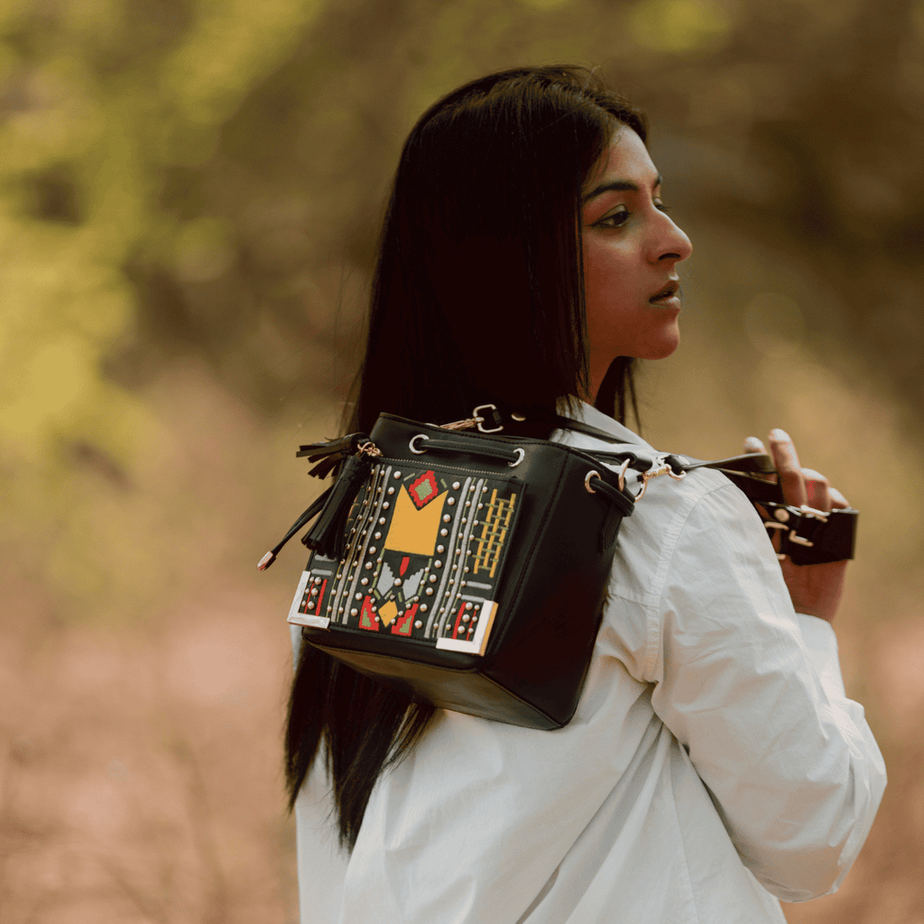 Nora Vegan Leather Embroidered Sling Bag - Black by Green Hermitage with SS25 at Kamakhyaa for sustainable fashion