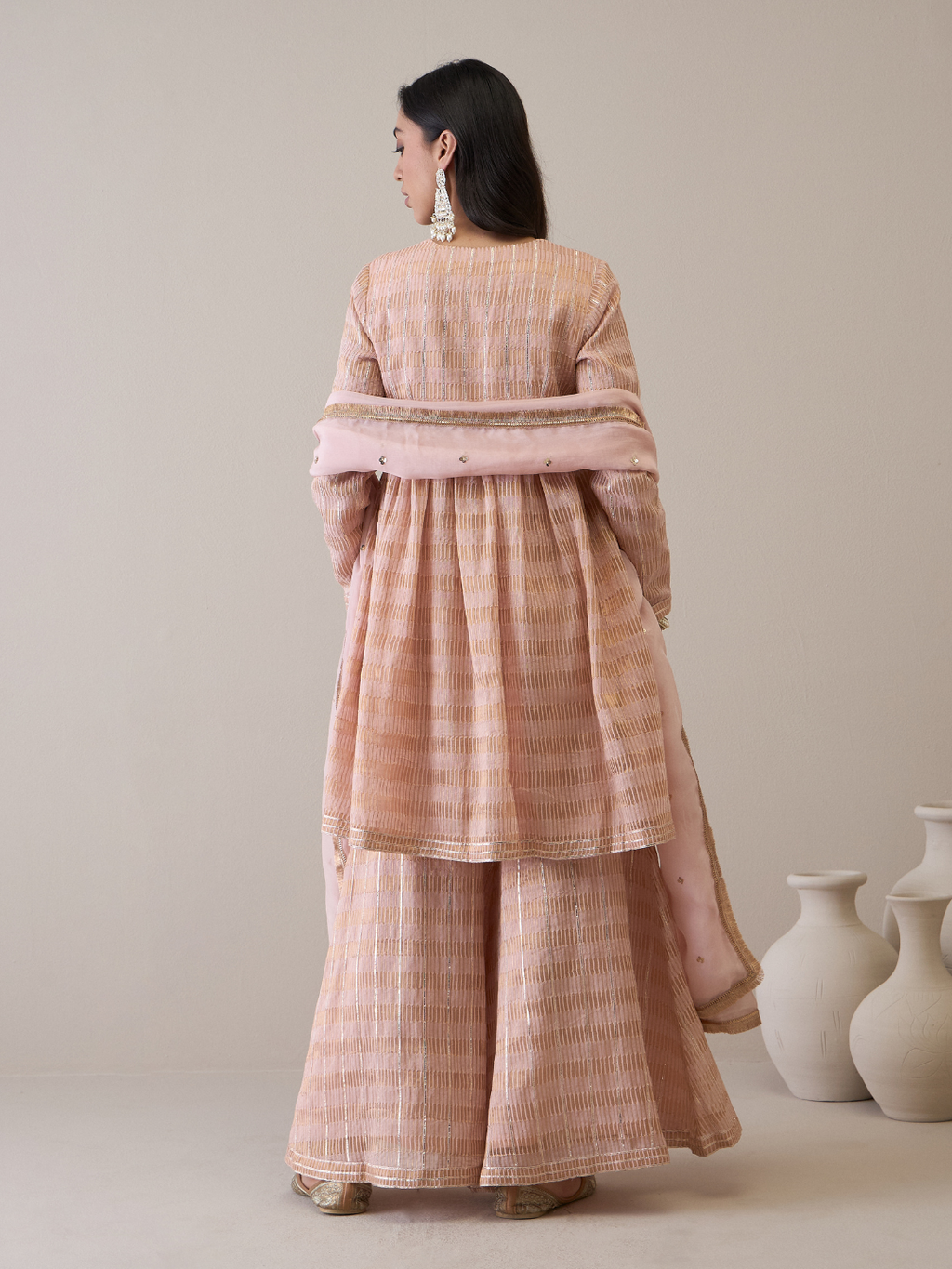 Peach Chanderi Silk Gota Embroidered Sharara Set by RoohbyRidhimaa with Avani by RoohbyRidhimaa, Chanderi Silk, Ethnic Wear, Gotta Embroidery, Pink, Relaxed Fit, Sequin Embroidered, Sharara Sets, Silk Chanderi, Silk Organza, Toxin free at Kamakhyaa for sustainable fashion