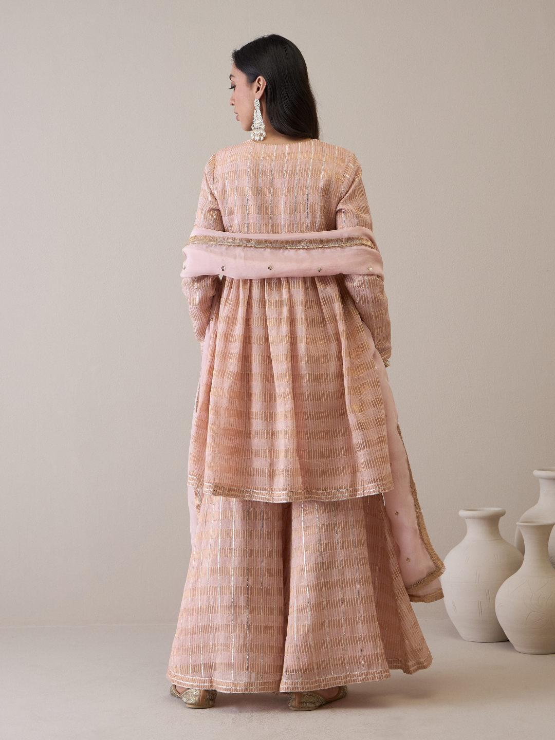 Peach Chanderi Silk Gota Embroidered Sharara Set by RoohbyRidhimaa with Avani by RoohbyRidhimaa, Chanderi Silk, Ethnic Wear, Gotta Embroidery, Pink, Relaxed Fit, Sequin Embroidered, Sharara Sets, Silk Chanderi, Silk Organza, Toxin free at Kamakhyaa for sustainable fashion