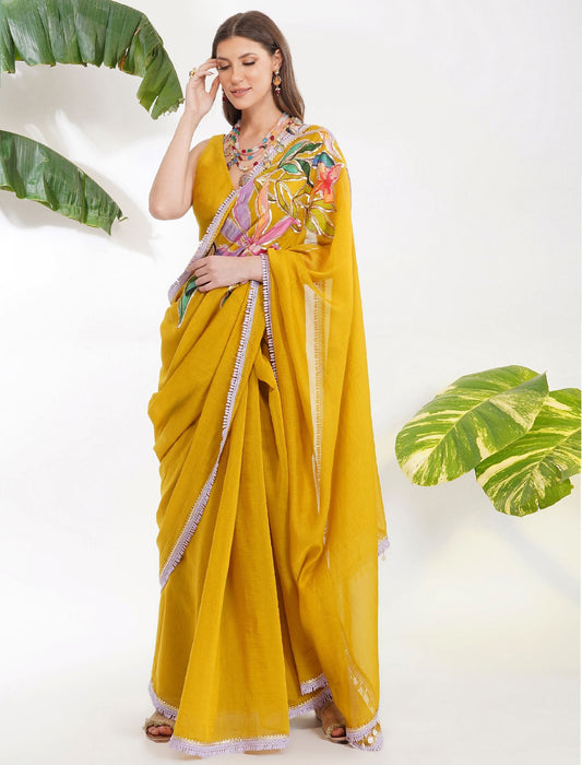 TROPICAL FLOWER APPLIQUE SAREE SET by devyanimehrotra.com with at Kamakhyaa for sustainable fashion