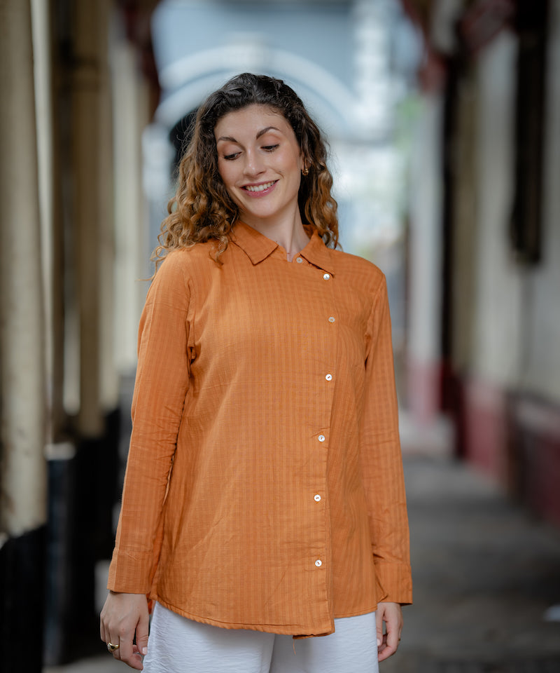 Rust Wrap Handwoven Shirt by Krushnachuda with Chilika by Krushnachuda, Handloom Cotton, Loose Fit, Natural Dye, Organic, Outerwear, Rustic Orange, Solids, Womenswear at Kamakhyaa for sustainable fashion